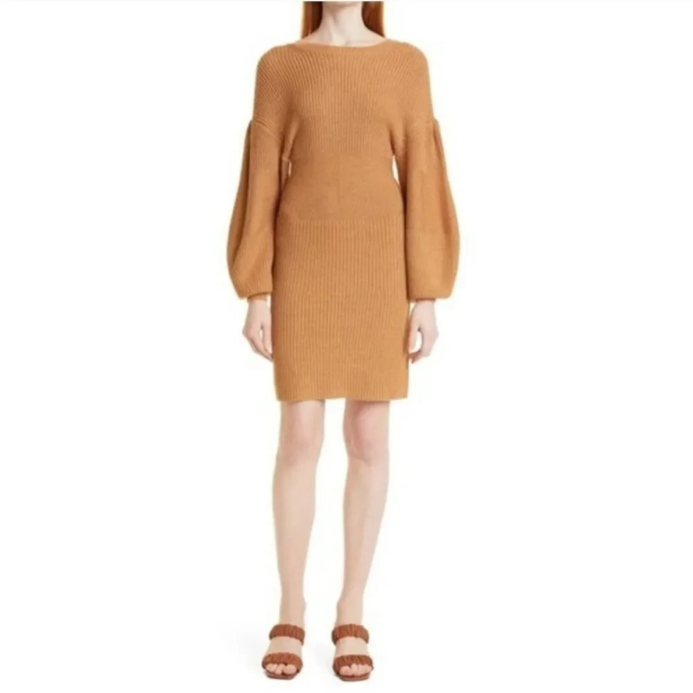 NEW STAUD Marylebone Camel Tan Long Sleeve Knit Sweater Dress Size Large - Picture 3 of 10